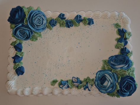 White Square cake with white buttercream frosting and a white shell  boarder.  With dark blue and white/blue roses in two corners and sage green roses Engagement Sheet Cake, Blue And White Sheet Cake, Square Cakes With Flowers, Elegant Sheet Cake, Sheet Cake With Flowers, Winter Sheet Cake, Blue Sheet Cake, Quarter Sheet Cake Decoration, Sheet Cake With Fresh Flowers