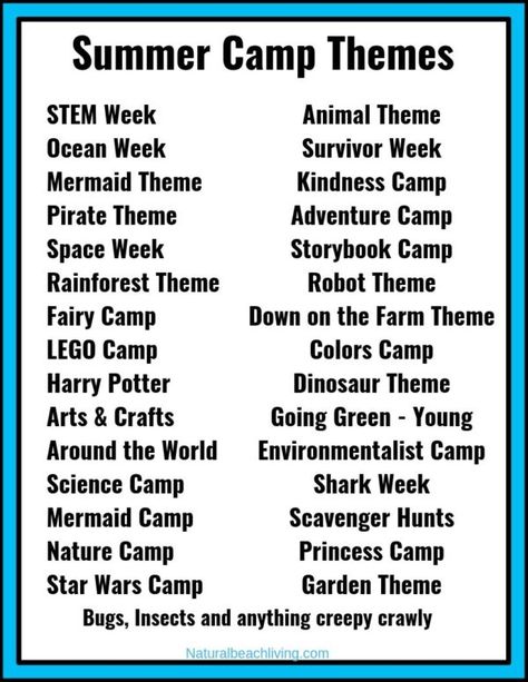 30+ Summer Camp Themes - The Best Summer Themes for Kids - These 30+ Summer Camp Themes and Descriptions will give you fun activities and ideas to fill your days with exciting Summer Themes. Summer Camp Theme Ideas for Preschoolers and youth camp, This page is full of great summer themes to explore nature, arts and crafts, Science, STEM, ocean activities, kindness and so much more. Summer Themes For Kids, Summer Camp Theme Ideas, Camp Theme Ideas, Summer School Themes, Summer Daycare, Preschool Summer Camp, Camp Themes, Summer Camp Themes, Ideas For Preschoolers