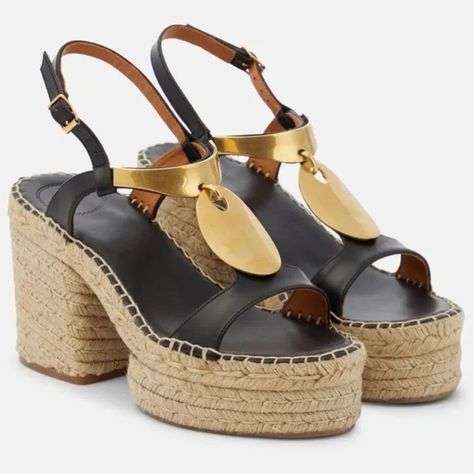 New In Box! By Chloe . Size Eu 36 / Us 6. 100% Authentic Guaranteed . Purchased From Saks Fifth Avenue . Real Leather Straps And Gold Metal Accents . 3.75” Heel. 1.5” Platform . No Trades!! Tags: Luxury , Designer , Boho , Bohemian , Beach , Spring , Summer , Festival Chloe Wedges, Beige Espadrilles, Platform Sandals Black, Espadrilles Shoes, Lace Up Espadrilles, Chloe Shoes, Gold Medallion, Espadrilles Platform, Platform Espadrilles