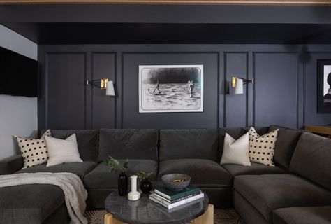 How One New Jersey Family’s Basement Went from Typical Suburbia to Super-Edgy Basement Inspiration, Home Cinema Room, Basement Living Rooms, Cozy Basement, Home Theater Rooms, Neutral Paint, Dark Walls, Room Paint Colors, Wet Bars