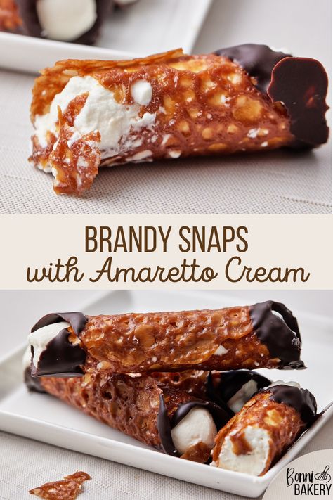 Desserts With Beer, Brandy Dessert Recipes, Brandy Snaps Filling Ideas, Brandy Snaps Recipe, Great British Bake Off Recipes, British Dessert Recipes, Homemade Brandy, Alcohol Desserts, Easy Dinner Party Desserts