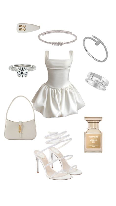 #whitedress #minidress #heels #whitegold #tomfordfragrances White Dress Fit, Rich Dresses Outfit, Fancy White Outfits, White Bow Outfit, Fancy Girl Outfits, Going To A Wedding Outfit, White Dress Birthday Outfit, White Dress Outfit Aesthetic, Cute Fancy Outfits