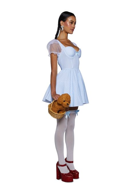 cuz there's no place like home! This costume set has a stretchy satin construction, a gingham print all over, short sheer organza puff sleeves, underwire bust cups, a tulle petticoat, and a back zip closure. Includes a mini dress, a woven basket, a plush dog, bow hair clips, and thigh-high stockings. Dorthy Costume Ideas, Girls Dorothy Costume, Simple Costumes, Womans Halloween Costume, Halloween Costume College, Dorothy Halloween Costume, Top 10 Halloween Costumes, Halloween Costumes Brunette, Wizard Of Oz Dorothy