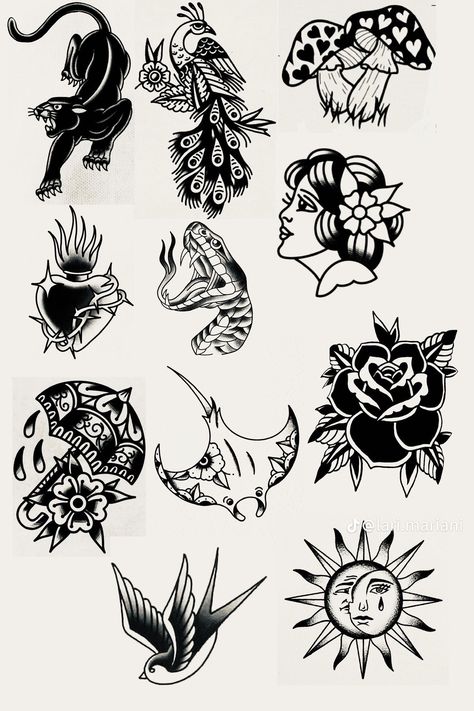 Tattoo Ideas Female Old School, Tattoo Types Of Styles, Flash Tattoo Blackwork, Traditional Tattoo Art Flash, Blackwork Tattoo Design Ideas, Trad Tattoo Flash, Traditional Patchwork Tattoo, Old School Flash Tattoo, Black Flash Tattoos