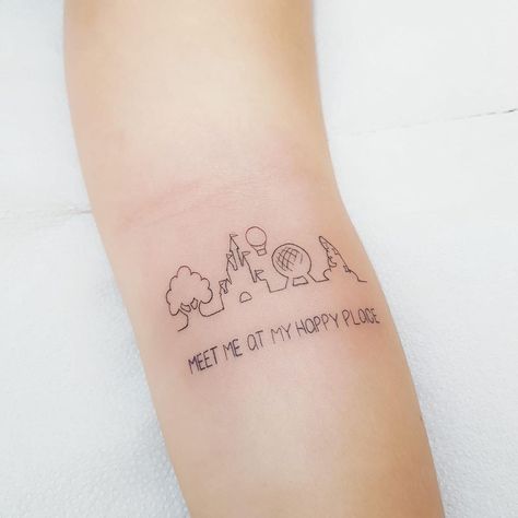 Walt Disney World Tattoo Ideas, Disney Park Tattoo Ideas, Minimal Mickey Tattoo, Meet Me At My Happy Place Disney, Disney Lover Tattoo, Walt Disney World Castle Tattoo, Classy Disney Tattoos, Disney Skyline Tattoo, Disney Coordinates Tattoo