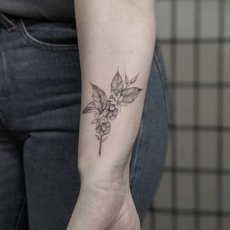 Plant Tattoo For Men, Coffee Plant Tattoo, Cat Skull Tattoo, Tattoo Cafe, Butterfly With Flowers Tattoo, Line Drawing Tattoos, Brooklyn Tattoo, Outer Forearm Tattoo, Vegan Tattoo