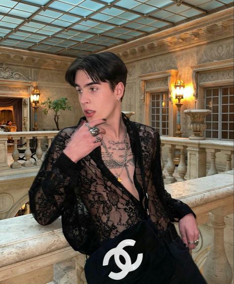 Leather And Lace Outfits Men, Androgynous Club Outfit, Queer Prom Outfit, Clubbing Outfits Men, Mens Club Outfit, Mens High Fashion, Fancy Fits, Clubbing Outfits, Lace Button