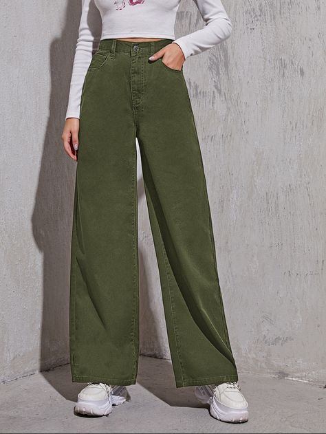 Green Trousers Outfit, Green Jeans Outfit, High Wasted Jeans, Outfits Con Jeans, High Rise Wide Leg Jeans, Green Trousers, Cute Pants, Outfit Jeans, Causual Outfits