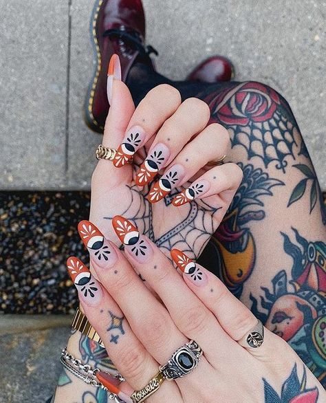 Mismatch French Nails, Polymer Gel Nails, Girly Leo Tattoo, Nail Art Acrylic Paint, Moody Acrylic Nails, Human Branding Design, Tattoo Day Outfit, Short Stiletto Nails Summer, Orange Evil Eye Nails