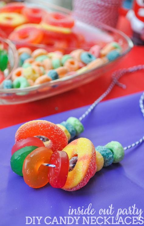 DIY Candy Necklaces - a fun and easy addition to a kids party! These were made for a colorful Inside Out Party! | The Love Nerds Frog Party, Shopkins Party, Shopkins Birthday, Princess Games, Trolls Birthday Party, Moana Birthday Party, Candyland Birthday, Candyland Party, Moana Birthday