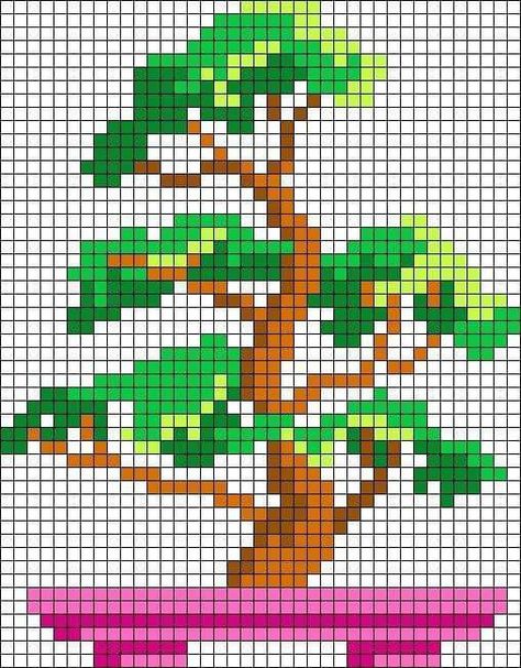 Bonsai Tree Cross Stitch Patterns, Plant Grid Pattern, Pixel Art Garden, Pixel Art Plants, Plant Pixel Art, Pixel Art Tree, Bonsai Tree Garden, Tree Pixel Art, Tree Cross Stitch Pattern