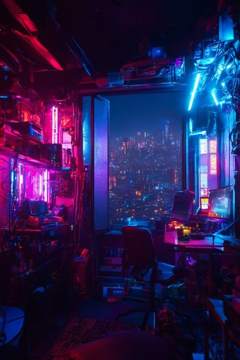 Neon Desktop Wallpaper Hd 1080p, Synthwave Aesthetic Room, Cyberpunk Room Aesthetic, Neon City Aesthetic, Cyberpunk Aesthetic Room, Cyberpunk Room Interiors, Night Sky Bedroom, Cyberpunk Room Ideas, Night City Cyberpunk 2077