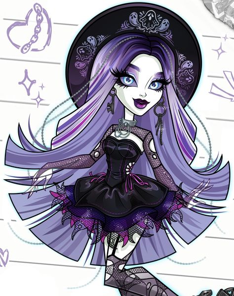 Spectra Vondergeist 💜🖤💜 what other character would you like to see? . . . Hi! It's me again 🖤💜🖤💜 I've been away for a while, I needed time… | Instagram Spectra Redesign, Purple Characters, Skyler Bradshaw, Spectra Vondergeist, Howleen Wolf, Doll Customs, Fairytale Creatures, High Characters, Monster High Pictures