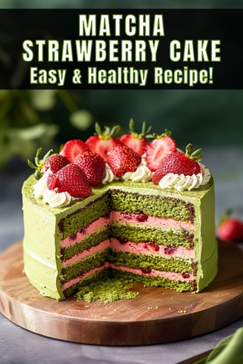 Whip up this easy and healthy Matcha Strawberry Cake and indulge in a delightful blend of earthy matcha, sweet strawberries, and fluffy whipped cream. Perfect for any occasion, this vibrant and elegant dessert is simple to make yet sure to impress. Try it today for a slice of heaven! Strawberry Matcha Cake Recipe, Korean Matcha Cake, Matcha Raspberry Cake, Matcha Cake Recipe Easy, Macha Dessert, Strawberry Matcha Cake, Saturday Appetizers, Matcha Strawberry Cake, Matcha Cake Recipe