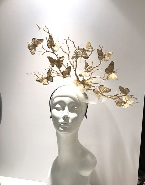 Butterfly Headpiece, Gold Fascinator, Kentucky Derby Fascinator, Gold Branches, Ladies Luncheon, Headpiece Diy, Pink Fascinator, Derby Fascinator, Body Adornment