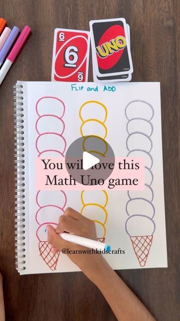 Nisha Yadav| Your Key to Easy Learning Activities on Instagram: "SAVE this Math Addition Game. Follow @learnwithkidscrafts for more ideas.  Flip a uno card and add it to the previous scoop till you reach the top.   #handsonlearning #easyplayideas   #simpleactivities #unogame   #kindergarten #homelearning   #earlychildhood #earlyyearseducation #learningthroughplay #earlymath #kindergartenactivities #earlymathsfun #momlife #mumlife #homeschoolmom #summerlearning   Do you use Uno cards for learning activities?" Uno Flip Multiplication, Uno Flip Addition, Addition Games Kindergarten, Games For Grade 1, Easy Math Games, Easy Learning Activities, Math Addition Games, Uno Card, Addition Activities