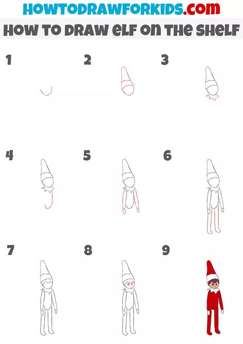 How to Draw Elf on the Shelf - Easy Drawing Tutorial For Kids How To Draw An Elf Easy, How To Draw An Elf Step By Step, How To Draw An Elf, Elf On The Shelf Drawing, Shelf Drawing, Merry Christmas Drawing, Elf Drawing, Draw Christmas, Elf Drawings