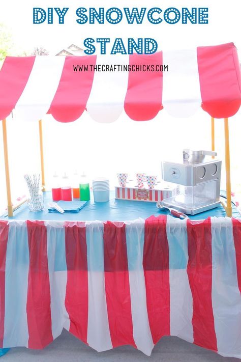 DIY Snow Cone Stand - My kids beg to set this up every summer!  (Good thing it's so easy.) Diy Snow Cone, Fall Festival Decorations, Shaved Ice Machine, Snow Cone Stand, Halloween Circus, Carnival Decorations, Sno Cones, Diy Snow, Kids Carnival