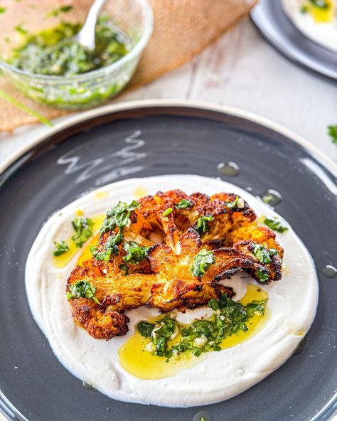 Air fryer Tandoori Cauliflower steaks served with yogurt & coriander chimichurri — The Global Vegetarian Coriander Chimichurri, Tandoori Cauliflower, Coriander Recipes, Cauliflower Steaks Recipes, Cauliflower Steak, Kofta Recipe, Malai Kofta, Veggie Snacks, Cauliflower Steaks