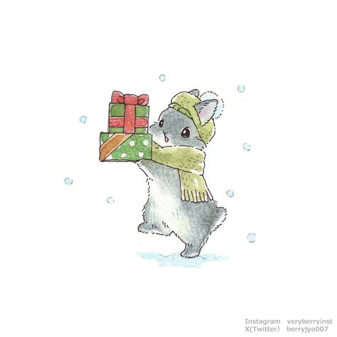 Kawaii Winter Illustration, Cute Christmas Animal Drawings, Cute Winter Animals Illustration, Bunny Christmas Drawing, Winter Animal Drawings, Cute Winter Animals Drawing, Christmas Fox Drawing, Christmas Bunny Drawing, Christmas Animals Illustration