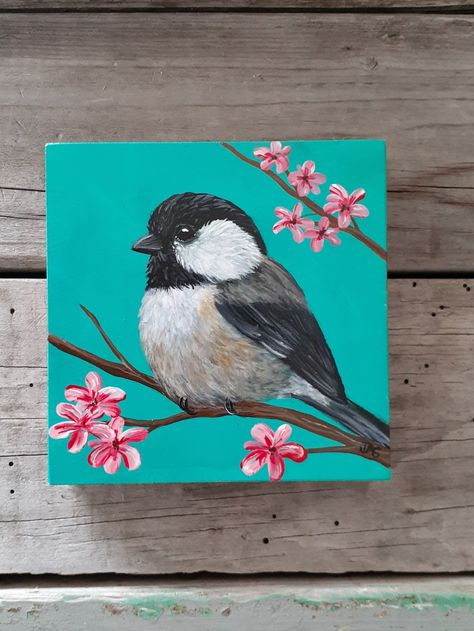 Chickadee Painting Acrylics, Birds To Paint In Acrylic, Acrylic Bird Painting Easy, Mini Animal Paintings, Painting Birds Acrylic, Acrylic Bird Paintings On Canvas, Easy Bird Painting Acrylics, Bird Canvas Paintings, Bird Painting Easy