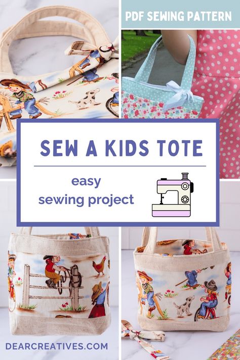 Sew A Kid's Tote Bag - Easy sewing pattern to sew a tote bag for kids. Use fabric scraps or purchased fabric to customize your little tote bag. Make this for a handmade gift, make Easter bags... Toddlers, pre-schoolers, and little kids will love carrying their favorite things in a fabric tote bag you made for them! Find this and more sewing projects and DIYs at DearCreatives.com  Images of a fabric tote bag using cute cowboy and cowgirl fabric and a tote bag using floral fabrics and ribbons... Kids Tote Bag Pattern Free, Kids Tote Bags Diy, Kids Bags To Sew, Free Sewing Patterns For Kids, Tote Patterns Free, Sew A Tote Bag, Toddler Tote Bag, Handmade Kids Bags, Kids Sewing Pattern