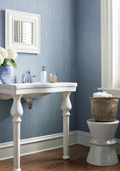 Thibaut Wallpaper Bathroom, Blue Wallpaper Living Room, Blue Wallpaper Bedroom, Seagrass Wallpaper, Blue And White Wallpaper, Powder Room Wallpaper, Thibaut Wallpaper, Herringbone Wallpaper, Bathroom Wallpaper