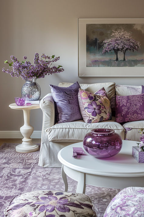 spring decorations, spring home decor, spring decor ideas Lavender Living Room Decor, Pastel Living Room Ideas, Lilac Living Rooms, Lavender Living Room, Purple Living Room Ideas, Spring Living Room Decor, Pastel Living Room, House Bedroom Ideas, Relaxing Living Room