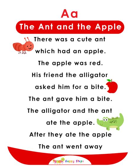 The Ant and the Apple - Alphabet Stories for kids - Letter A Alphabet Stories, Comprehension Kindergarten, Small Stories For Kids, Ingles Kids, Phonics Assessments, Phonics Reading Passages, English Stories For Kids, Kindergarten Reading Activities, Kindergarten Reading Worksheets