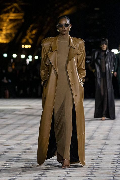 Floor-Length Coats Will Be a Big S/S 23 Trend—Shop These 20 | Who What Wear Paris Fashion Week 2023, High Neck Coat, Ysl Paris, Fashion Week 2023, Coat Trends, Maxi Coat, Leather Trench Coat, Coat Outfits, Coat Design