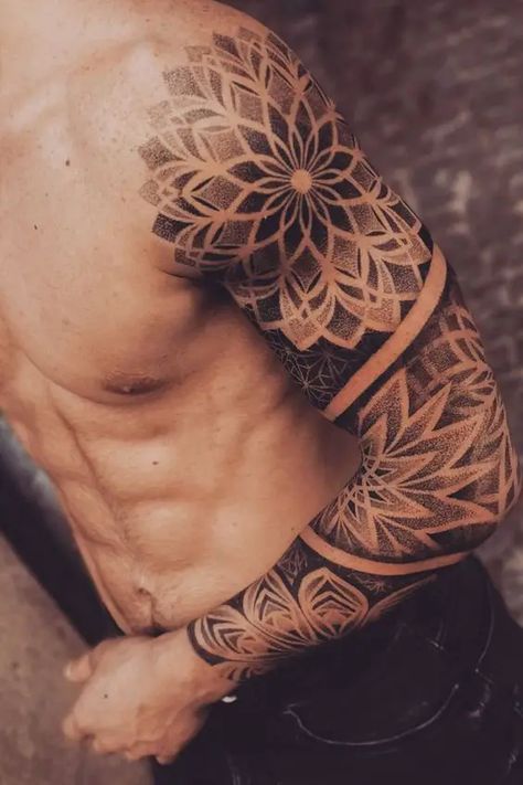 Shoulder Tattoo 24 Ideas for Men: Exploring Unique and Stylish Designs Mandala Tattoo Forearm Men, Half Sleeve Tattoo For Men Forearm, Mandala Tattoo Sleeve For Men, Men’s Sleeve Tattoos Ideas, Mens Mandala Tattoo, Men Sleeve Tattoo Ideas Unique, Geometric Mandala Tattoo Design Men, Geometric Shoulder Tattoo, Shoulder Tattoo Traditional