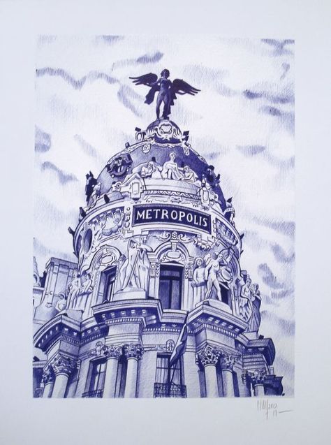 Cúpula del edificio Metrópolis. Gran Vía de Madrid miguel angel ... Madrid Architecture, Wave Drawing, Ballpoint Pen Art, Architecture Drawing Sketchbooks, City Sketch, Angel Wallpaper, Pencil Art Drawings, Urban Sketching, Architecture Sketch