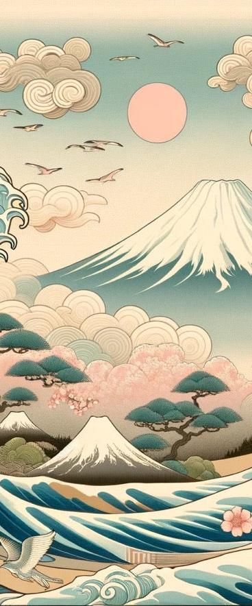 Découvrez la grandeur d'un paysage japonais traditionnel avec ce Papier peint japonais, où la puissance d'une vague majestueuse rencontre la délicatesse des fleurs de cerisier. L'iconique Mont Fuji se dresse en arrière-plan, ajoutant une dimension de tranquillité et de permanence à la scène. La douceur de l'aube colore le ciel de ce Papier peint japonais fleurs, offrant une palette de couleurs apaisantes et invitant à la sérénité au sein de votre espace de vie.Les nuances pastel et les détails s Japanese Vibes Aesthetic, Funny Animal Clips, Funny Bio, Funny Baby Faces, Akali League Of Legends, Pretty Wallpaper Ipad, Design Japonais, Mont Fuji, Funny Animated Cartoon