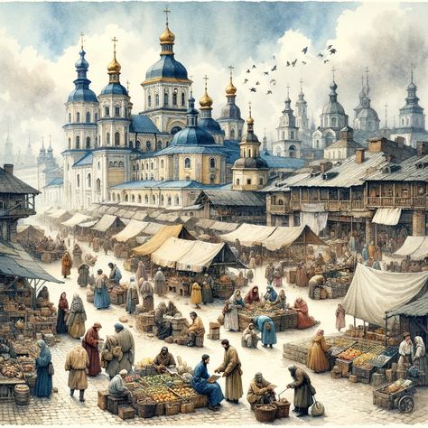 Here is the historical watercolor painting depicting everyday city life in Kiev during the time of Kievan Rus. The scene includes bustling marketplaces, artisans, monks, and ordinary citizens engaging in daily activities. The artwork captures the vibrancy of street life, the architectural backdrop of the city, and the lively interactions among the people, created in a style reminiscent of Canaletto. It conveys the rich cultural tapestry and the dynamic atmosphere of the city during this historical period. Kievan Rus Architecture, Fantasy Russian City, Character Occupations, Fantasy Marketplace, Medieval Russia, Kievan Rus, Medieval Paintings, Royal Aesthetic, Street Life