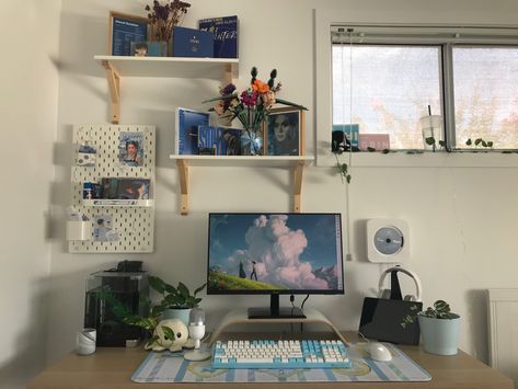 Genshin Desk Setup, Ghibli Desk Setup, Ocean Themed Pc Setup, Korean Bedroom Aesthetic Blue, Ghibli Pc Setup, Interior Design Layout, Gamer Room Decor, Cozy Home Office, Bedroom Setup