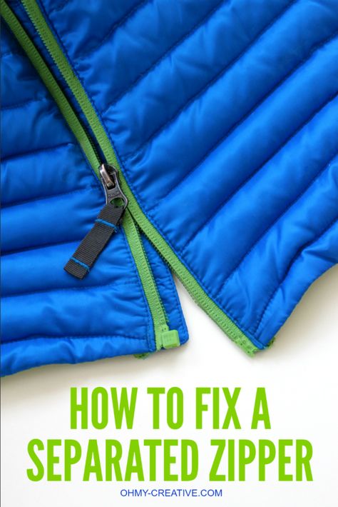 How to Fix a Separated Zipper - with this simple trick, using a common household product, it can be easy to repair a zipper with little effort!  |  OHMY-CREATIVE.COM Ruined Clothes, Fix A Zipper, Zipper Repair, Repair Clothes, I Cord, Sewing Projects For Beginners, Diy Couture, Sewing Tips, Clothing Hacks