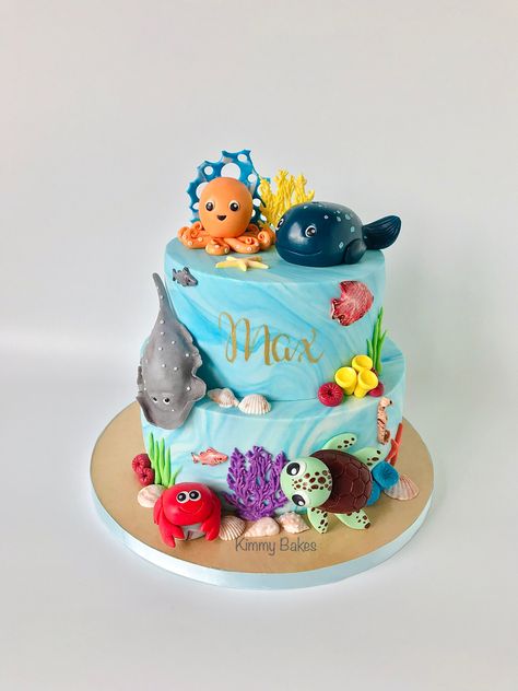 2 Tier Under the Sea birthday cake with handmade fondant sea animals toppers Minions, Sea Animal Cake Ocean Themes, Birthday Cake Under The Sea, Sea Animal Birthday Cake, Under The Sea Birthday Cake Boy, Oneder The Sea 1st Birthday Cake, Under The Sea Birthday Party Cake, Under The Sea Cake Boy, Sea Theme Birthday Cake