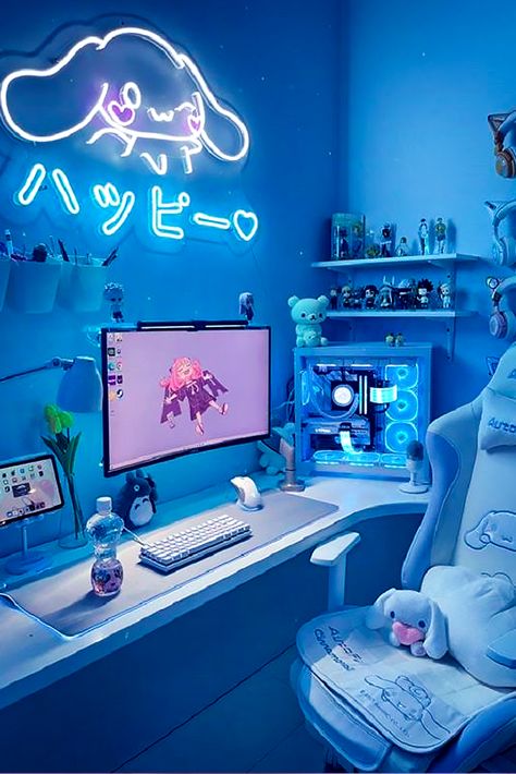 Pc Gaming Setup Aesthetic Blue, Black White And Blue Gaming Setup, Cinnamoroll Pc Setup, Blue Gamer Room Aesthetic, Gamer Room Blue, Cute Blue Gaming Setup, Blue Gaming Setup Aesthetic, Black And Blue Gaming Setup, Gaming Space Ideas