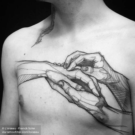 Sketchy holding hands on the chest. Street Art Tattoo, Timeless Tattoo, Tattoo Magazine, Chest Tattoo Men, Collar Bone Tattoo, Line Work Tattoo, Popular Tattoos, Tattoo Ink, Chest Tattoo