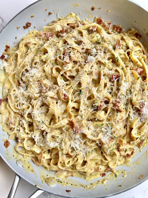 Easy Gluten-Free Pasta Carbonara — Violet Cooks Things Gluten Free Carbonara Pasta, Gluten Free Carbonara, Cabanara Pasta Recipe Bacon, Cabanara Pasta Recipe, Cabanara Pasta, Violet Cooks, Carbonara Creamy, Creamy Carbonara Pasta, Chicken And Bacon Carbonara