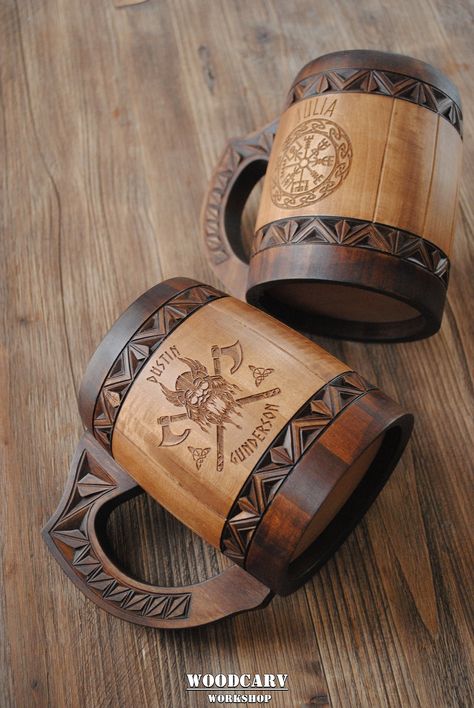 "Just imagine the perfect gift. This should something unique, something that makes the heart beat faster and smile. And now take a look at this mug! We manually processed each piece of wood to get the perfect result. Made of natural materials and decorated with decorative carved ornament. Would you like to hear \"WOW\" in response to your gift? Simply select one of the options for personalization and get a unique product. It is an ideal gift for beer lovers, as well as for a wedding, Christmas, 5 Anniversary, Nordic Gifts, Arte Viking, Wedding Mug, Wooden Beer Mug, Wooden Cup, Chip Carving, Wood Shop Projects, Wedding Mugs