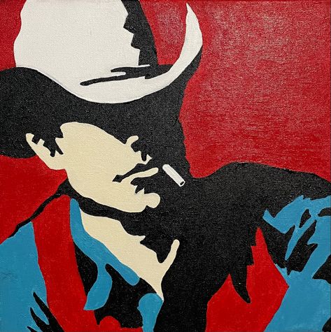 Cowboy western painting Punchy Western Paintings, Cowboy Acrylic Painting, Western Acrylic Painting Ideas, Cowboy Pop Art, Cowboy Hat Painting Canvas, Western Art Ideas, Cowboy Paintings Easy, Cute Western Paintings, Western Acrylic Painting