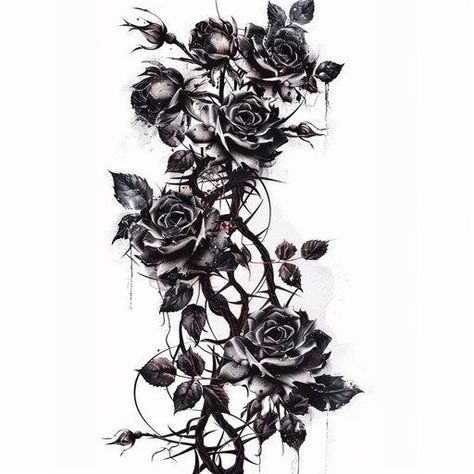 Gothic Sleeve Filler, Barbwire And Roses Tattoo, Dark Tattoo Inspiration, Wrap Around Rose Thorn Tattoo, Men Flower Tattoo Arm, Dark Feminine Tattoos Thigh, Rose And Thorns Tattoo Sleeve, Gothic Roses Tattoo, Withering Rose Tattoo