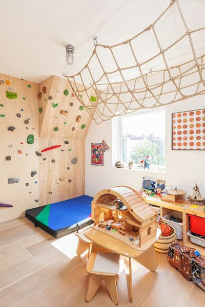 Home Indoor Playground Ideas - Petite Modern Life Attic Playroom Ideas Sloped Ceiling, Indoor Climbing Wall, Indoor Playroom, Climbing Walls, Basement Playroom, Kids Basement, Modern Kids Room, Kids' Playroom, Playroom Design