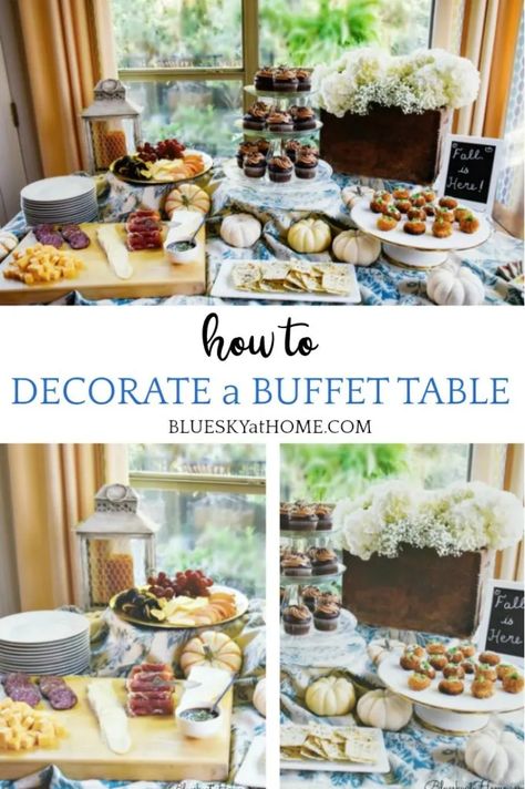 How to Decorate a Buffet Table for a Casual Fall Party - Bluesky at Home How To Label Food On A Buffet, Brunch Table Setting Buffet Breakfast, Decorate Table For Party, Thanksgiving Dessert Display, Fall Food Table Display, Buffet Table Ideas Decor Party Planning, How To Set Up A Buffet Table, Party Buffet Table Decor, Decorate Buffet Table