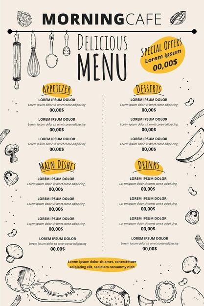 Morning cafe delicious menu template | Free Vector #Freepik #freevector #food #menu #coffee #design Menu Format, Menu Design Layout, Menu Sans Gluten, Menu Pizza, Menu Design Inspiration, Template Menu, Cafe Menu Design, Tea Restaurant, Coffee Shop Menu