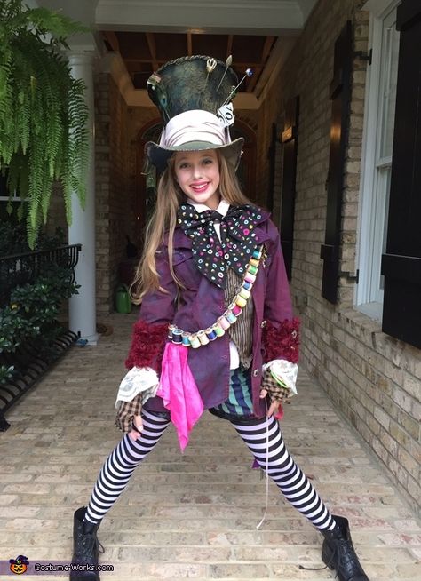 Jody: My daughter, Georgia, is wearing this costume. She came to me in early October with the idea to be the Mad Hatter, Like Johnny Depp, mom. We googled photos and... Johnny Depp Costumes, Female Mad Hatter Costume Diy, Madhatters Costume, Cute Mad Hatter Costume, Madhatters Costume Diy, Halloween Costume Mad Hatter, Mad Hatter Girl Costume Diy, Mad Hatter Costume Female, Female Mad Hatter