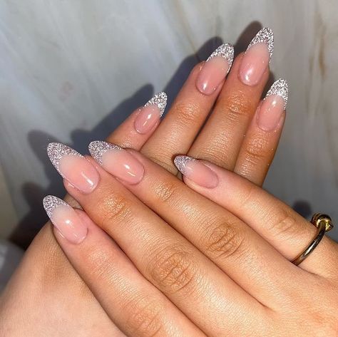 Ella May Dandridge on Instagram: "Reflective glitter will never get old 😍 DM to book x #nails #nailart #nailinspo #acrylicnails #reflectivenails #glitternails #almondnails #glitterfrench #nailsessex #essexnails #essexnailtech" Reflecting Glitter Nails, Reflective French Tip Nails, Glittery French Nails, Glittery French Tips, Glitter Almond Nails, Reflective Glitter Nails, Reflective Nails, X Nails, Short Square Acrylic Nails