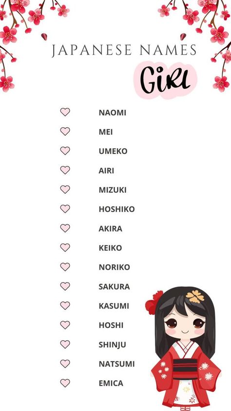 Printable Lists Of Japanese Names for Girls Cute Names In Japanese, Common Japanese Names, Beautiful Japanese Names And Meanings, Names For Girls Unique Japanese, Beautiful Japanese Girl Names, Japanese Name Ideas Girl, Japanese Name For Girl, Unique Names For Girls With Meaning, Japan Names Girl