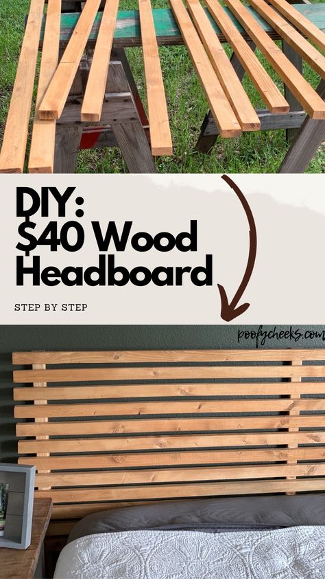 Check out my latest DIY project! I made a beautiful wooden slat headboard for only $40. It was super easy to make and adds a cozy, rustic touch to my bedroom. I love how it turned out and can't wait to share it with you all! Tall Wood Headboard Bedroom Ideas, Wood Slat Headboard Bedroom, Full Bed Headboard Diy, Easy Wood Headboard Diy, Easy Diy Queen Headboard, Slatted Headboard With Shelves, Simple Wood Headboard Diy, Homemade Twin Headboard, Camper Headboard Remodel